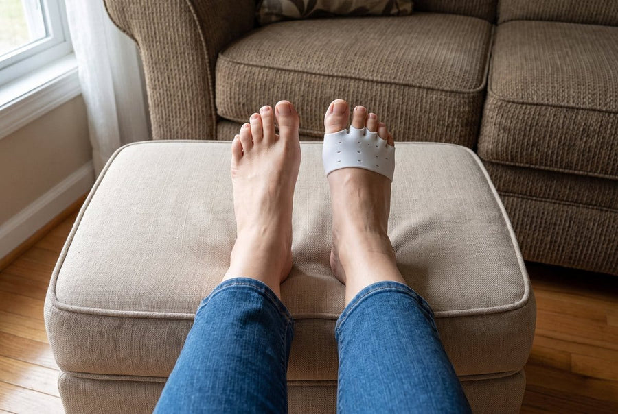 Hammer toe straightener worn on the right foot, feet up on a footstool