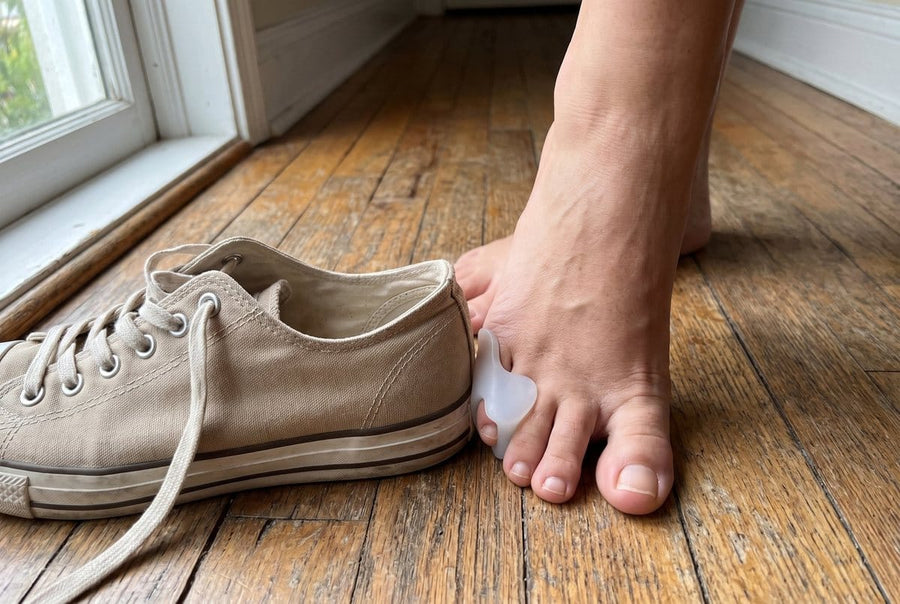 Pinky toe corrector next to the side of a sneaker