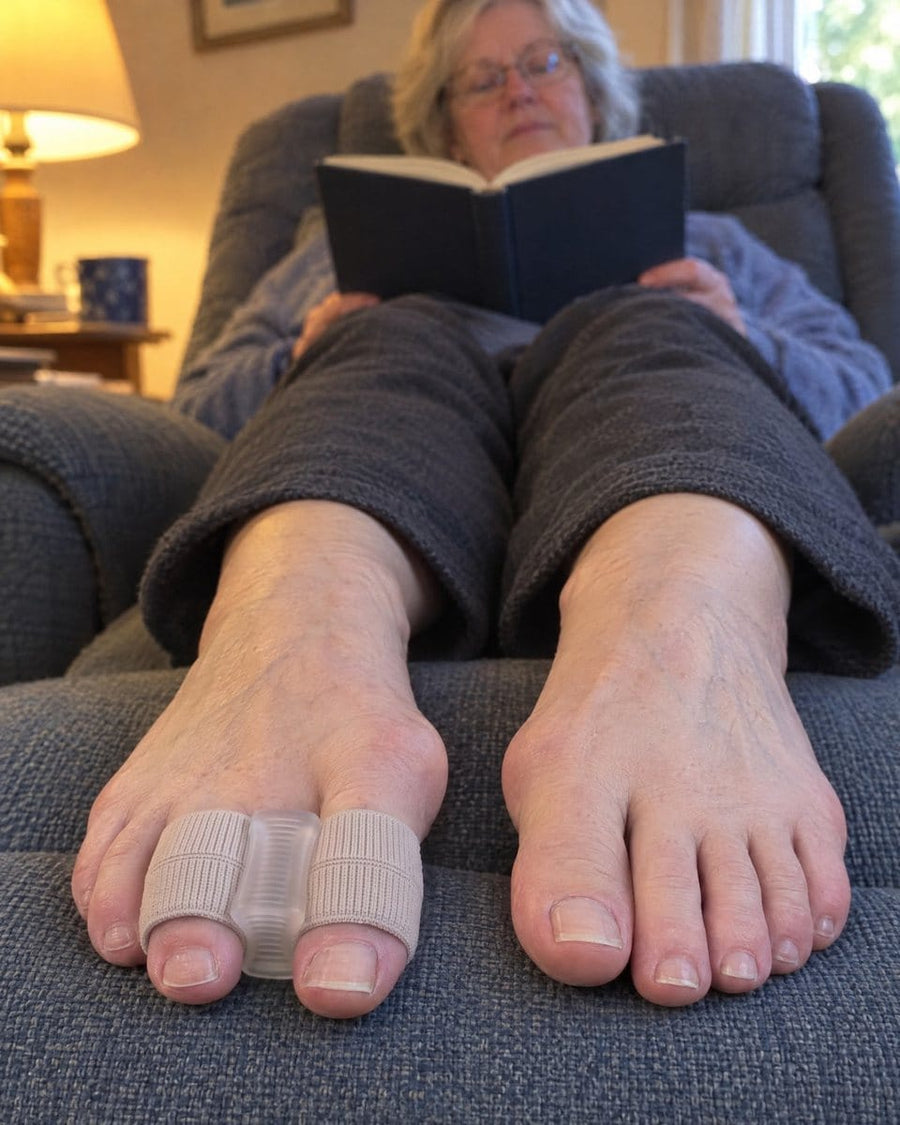 Reading in a recliner with Askelo correctors on both feet